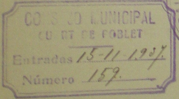 Segell entrada Ajuntament 1937
